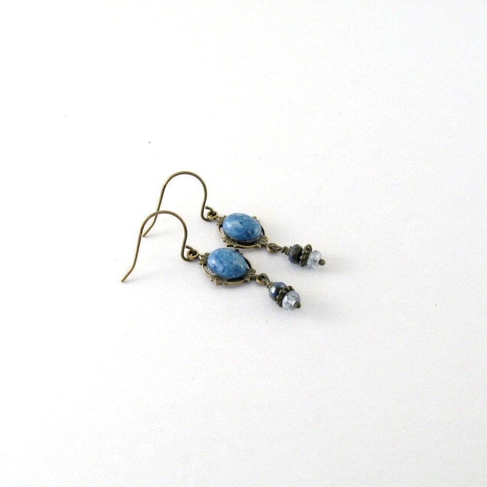 Blue Brass Earrings Antique Brass Blue Gemstone Cabachon Dangle Antique Brass Bezel Czech Glass Beaded Wire Handmade