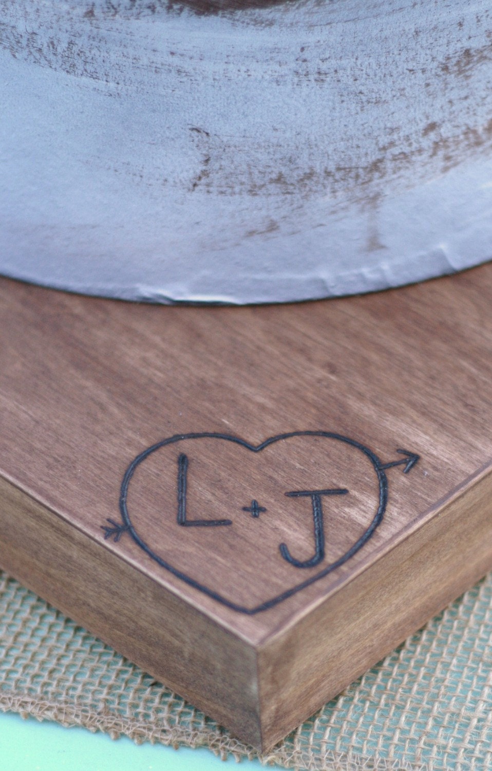 MEDIUM Rustic Engraved Personalized With Your Initials In A Heart And Arrow Cake Stand