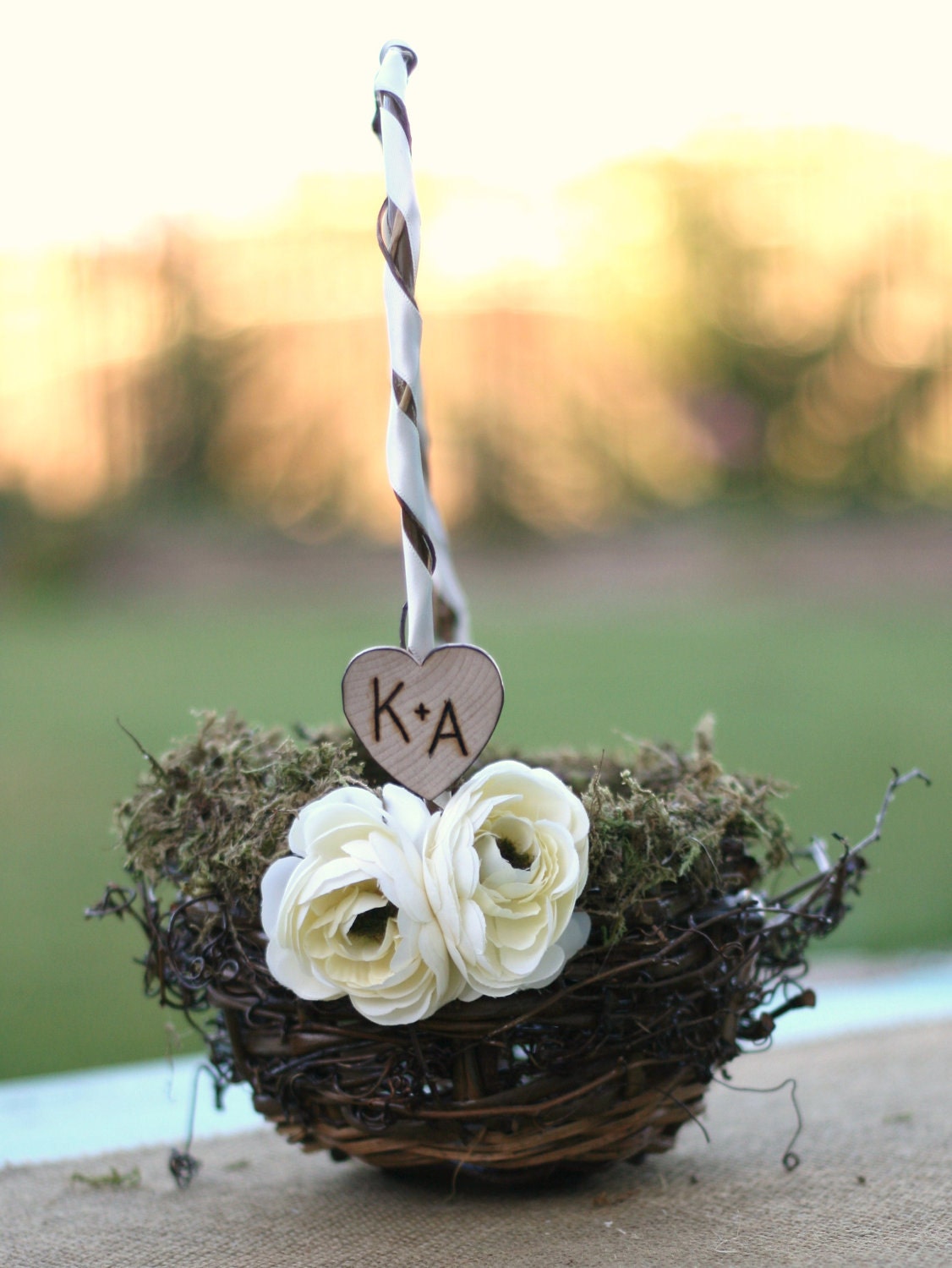 Small Bird Nest Rustic Chic Flower Girl Basket ranunculus roses moss Natural wood Engraved Heart Vintage Inspired Shabby Wedding