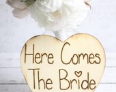 Here Comes The Bride Sign Just Married Flower Girl Double Sided Shabby Chic Wedding Decor Engraved Wood Heart