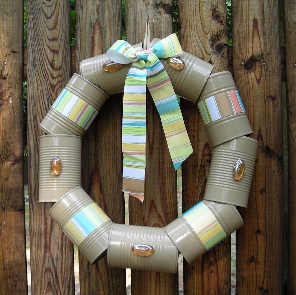 Recycled Tan Can Wreath - Cantastic Door Wreath - Eco-friendly - Reclaimed Wreath - Pastel Stripes