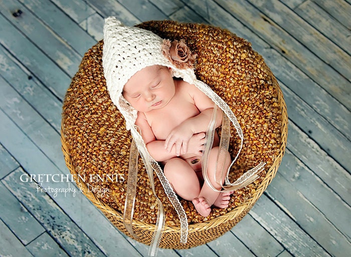 Baby Pixie Bonnet Hat Cream Lace Rosettes Crochet Newborn Photo Prop