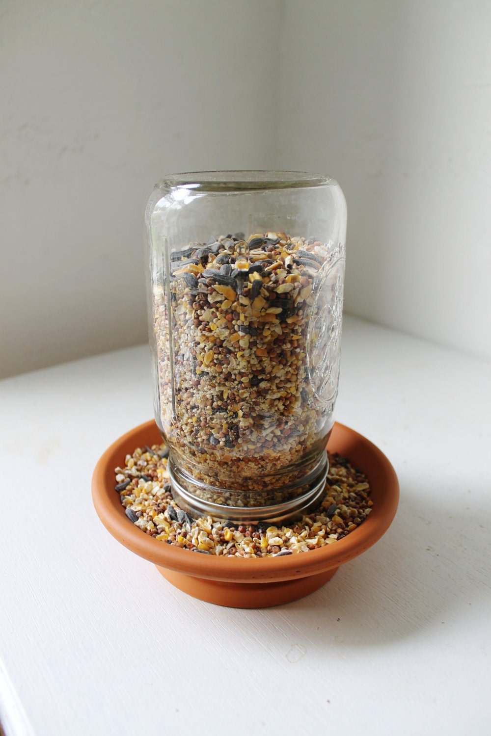 Mason Jar Bird Feeder - Hand Crafted Outdoor Table Top Food Post - Unique UpCycled BootsNGus Home and Garden Design