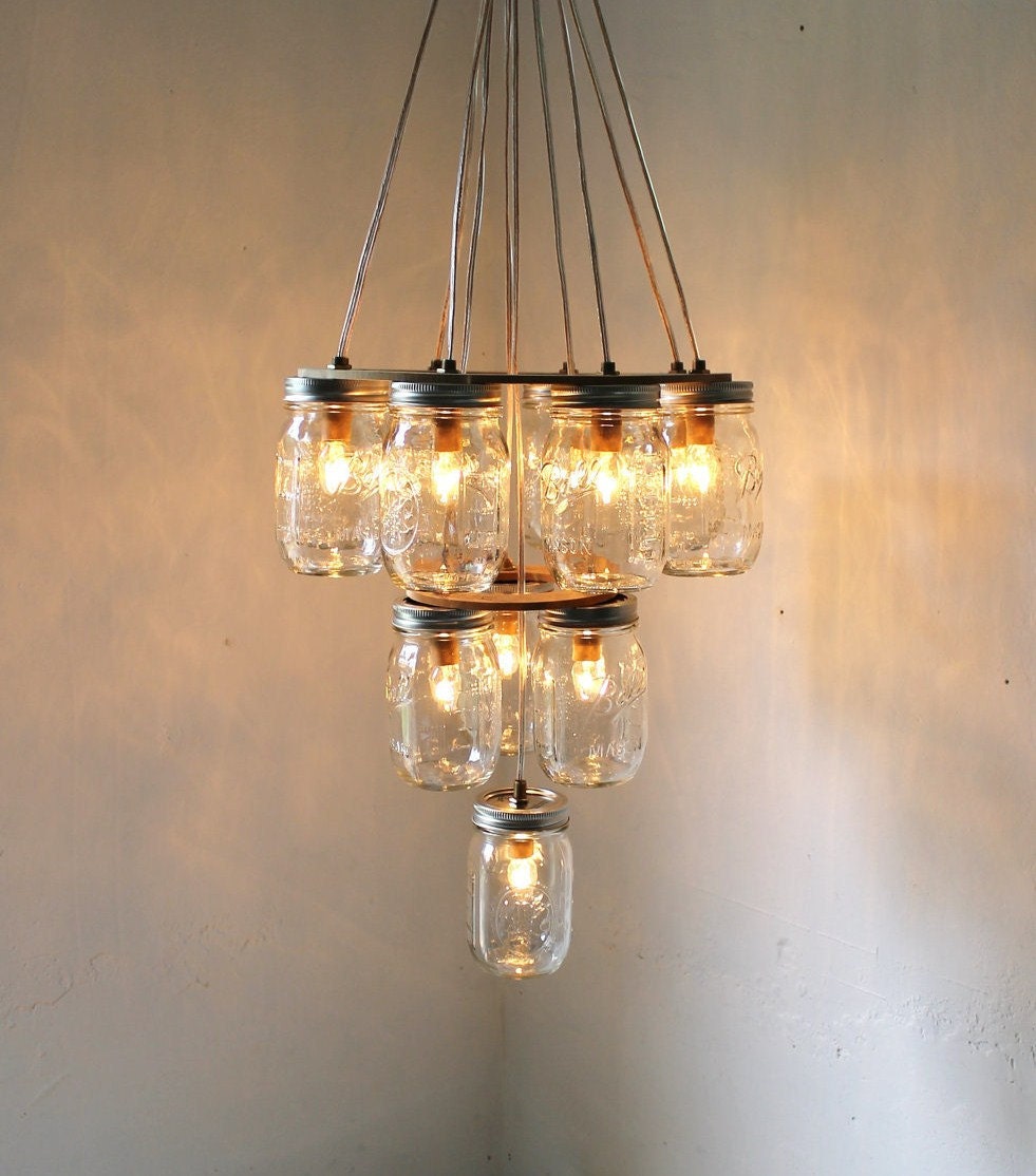 3 tier Mason Jar Chandelier - Mason Jar Lighting - Upside Down Wedding Cake - Handcrafted Upcycled BootsNGus Hanging Pendant Light Fixture