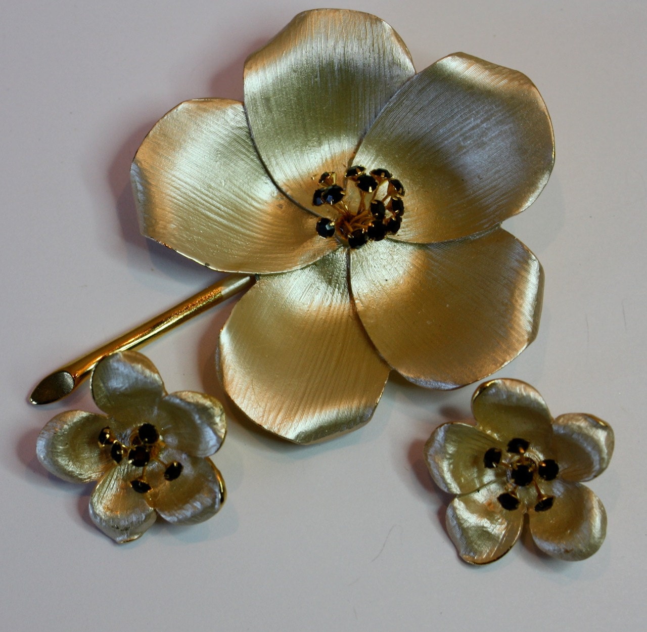 Vintage 60s Brooch Earrings ParkLane Goldtone White Enamel Flower w Black Rhinestones