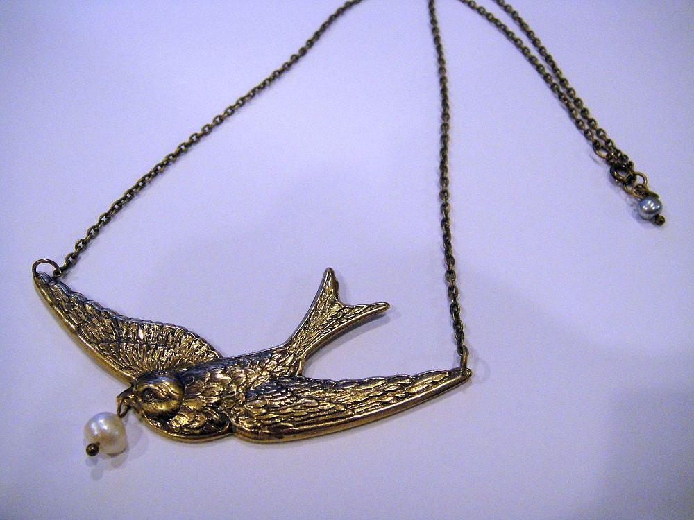 Romantic Bird and Pearl Bib Necklace - Vintage Inspired Antiqued Gold Brass Jewelry