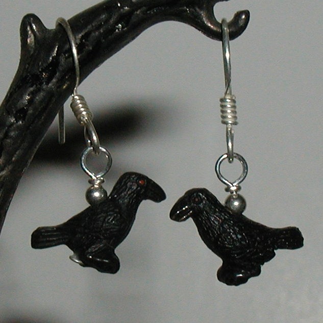 Raven Sterling Silver Earrings Black Bird Crow