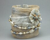 Handmade Wide Wrap Cuff - Champagne Beige Fiber Bridal Bracelet No. 145