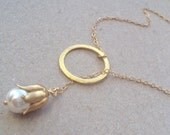 Gold Lariat and Pearl necklace with gold filled chain (June birthstone)