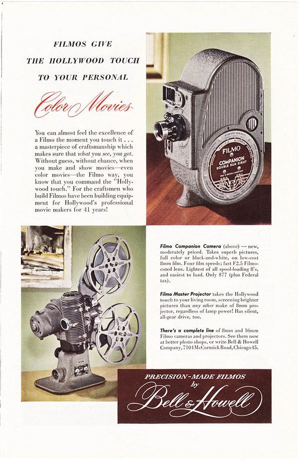 1948 ad Filmo 8mm Movie Camera Projector Bell and Howell vintage - Free U.S. shipping