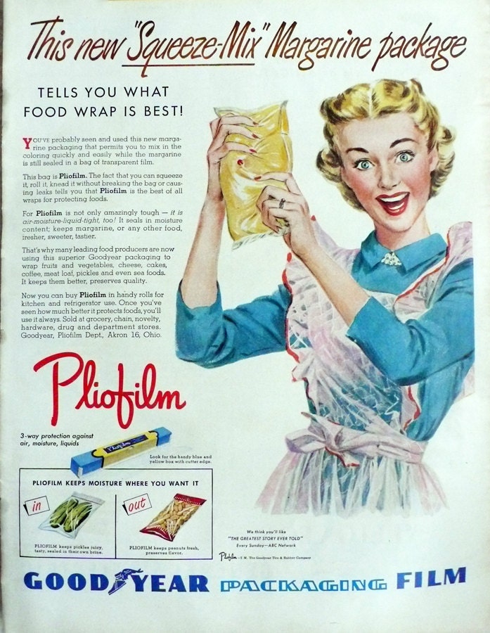 1949 ad Pliofilm Goodyear packaging film vintage housewife margarine General Electric bulb on back - Free U.S. shipping
