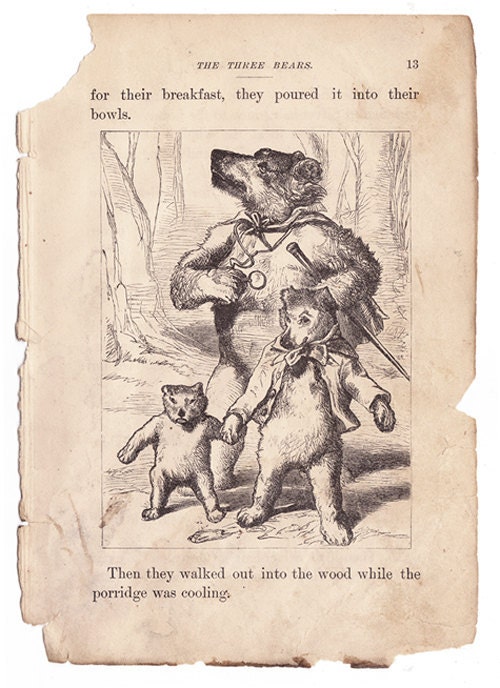 The Three Bears small page from schoolbook antique Victorian illustration - Free U.S. shipping