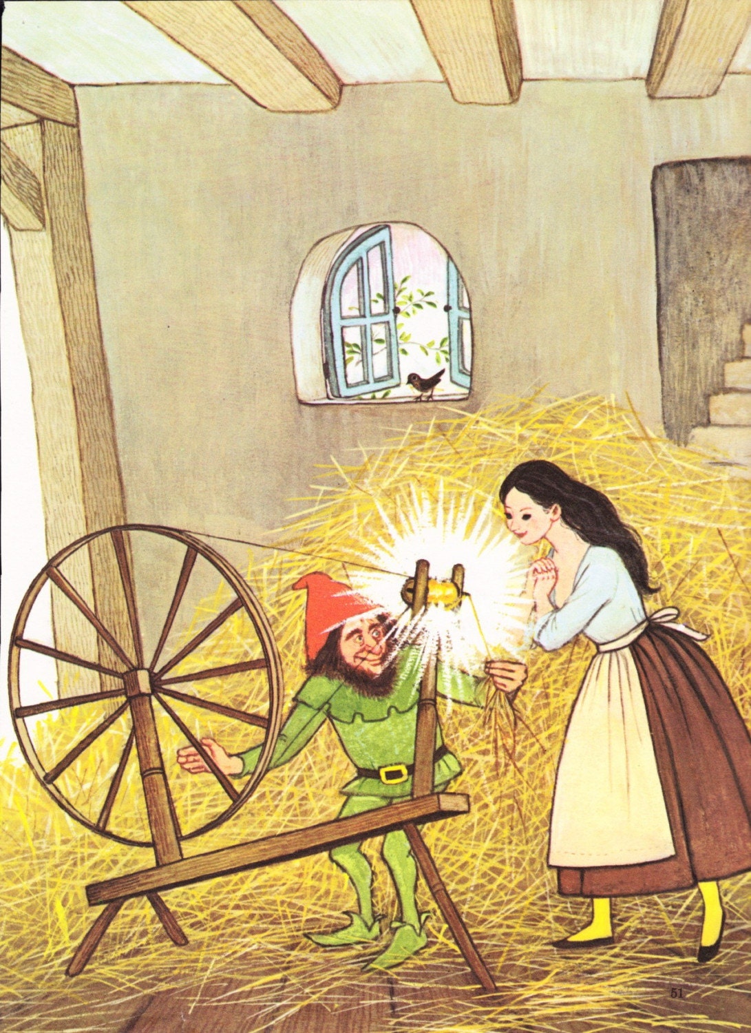 Vintage Rumpelstiltskin illustration page Gyo Fujikawa straw gold spinning fairy tale- Free U.S. shipping
