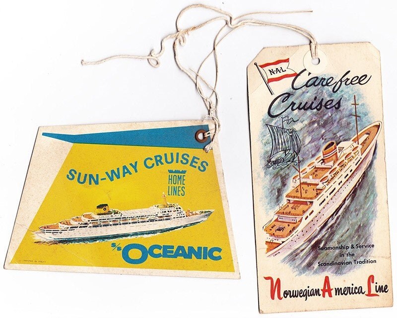 2 vintage Cruise Ship Luggage Tags 1974 ocean liners SS Oceanic Sun-Way Norwegian America Line Sagafjord - Free U.S. shipping