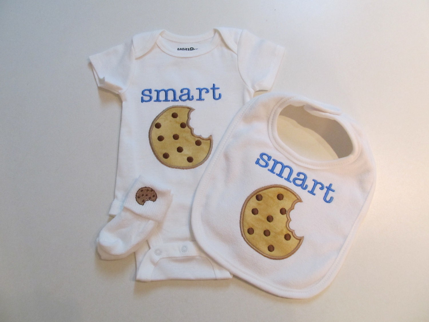 Babies,Onesie,Bib and Booties Set with Smart Cookie Applique