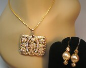 Vintage Necklace Choker Collar / Earring SET Clustered Pearls and Rondales 106 AB Rhinestones 40s Retro Art Deco Bride Statement