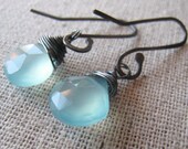 Oxidized Sterling Silver Earrings AAA Aqua Blue Chalcedony Wire Wrapped - Atlantis