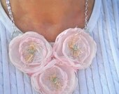 Necklace Pink Flowers Bib Fabric Statement - Provence Roses