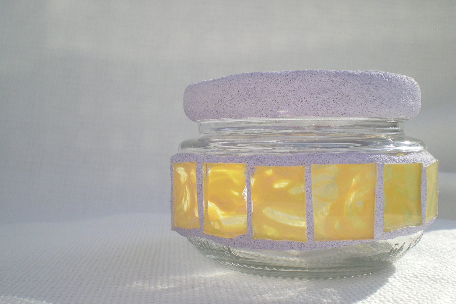 Shabby Chic Hand Painted Salvaged Glass Mosaic Jar Candle Holder Cream Peach Yellow with Lavender Grout a Unique Holiday Gift