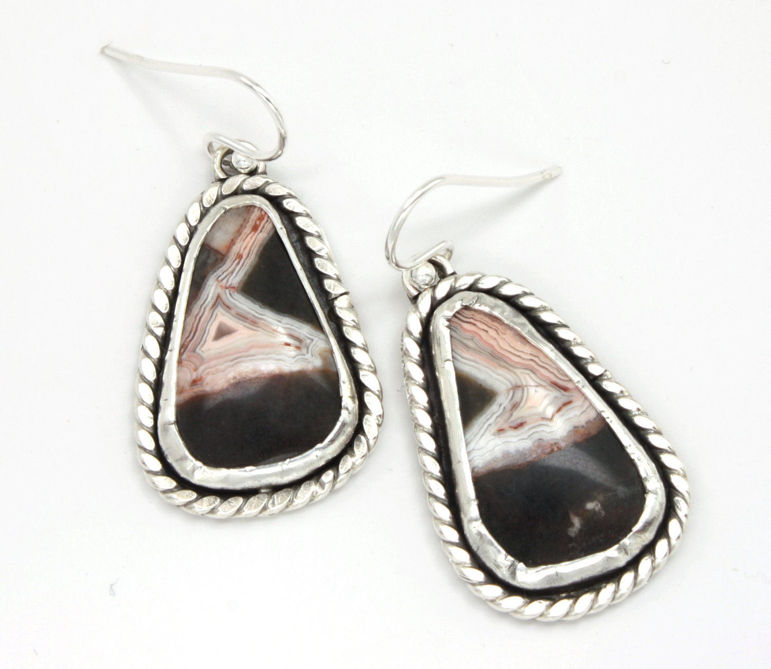 Pink and Black Stone Set Earrings, Agate Stone Earrings, Drop Earrings in Handmade Bezel Settings, Sterling Silver Earrings