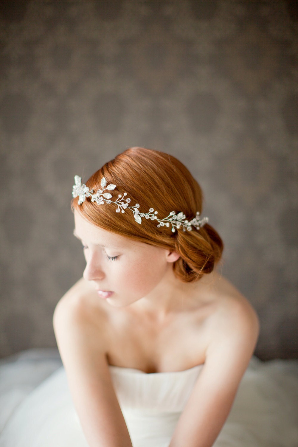 Wedding, Floral Bridal Crown, Headband, Crystal Tiara, Wedding Hair Accessory, ivory, silver- Breathless