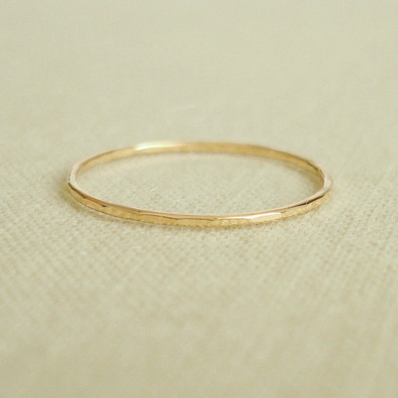 Thread of Gold - Rose or Yellow - Wavy or Straight - Tiny Halo Hammered Stack Ring - Skinny and Thin