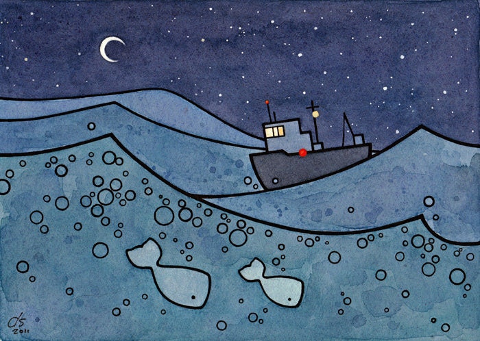 Whale Art Print with Fishing Boat - 5x7