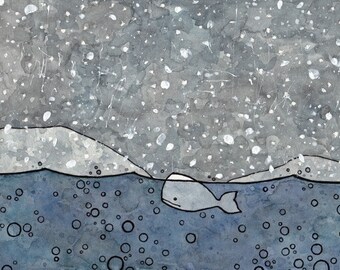 Whale and Snow Cartoon - ink watercolor 8x10 print