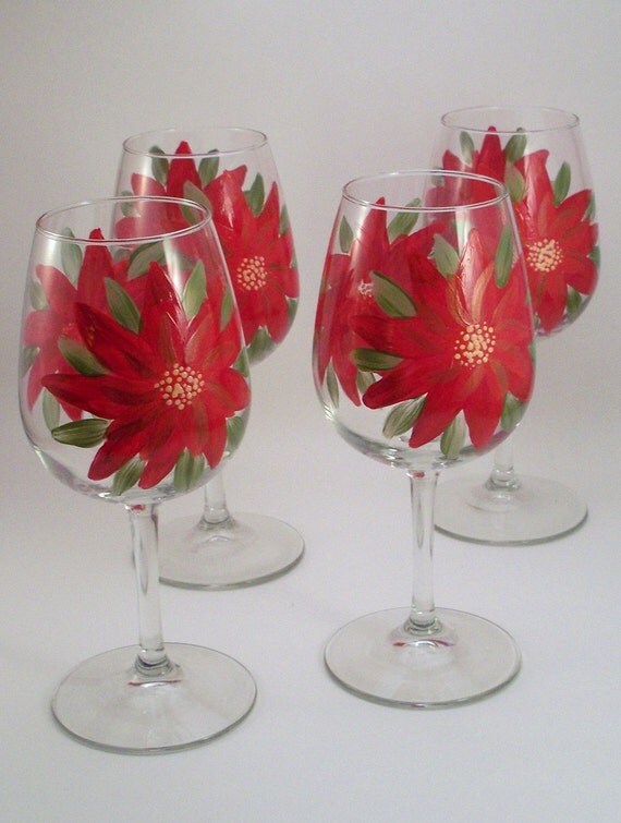 Items similar to Red Poinsettia flowers holiday stemware holiday