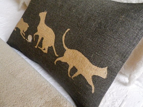 hand printed charcoal cats cushion