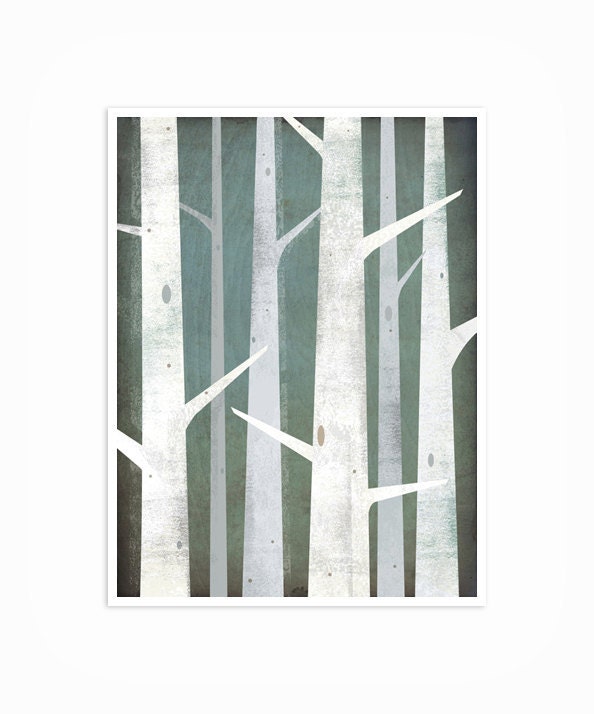 BIRCH TREES Winter Woods 9x12 graphic art Illustration GICLEE print signed By Ryan Fowler