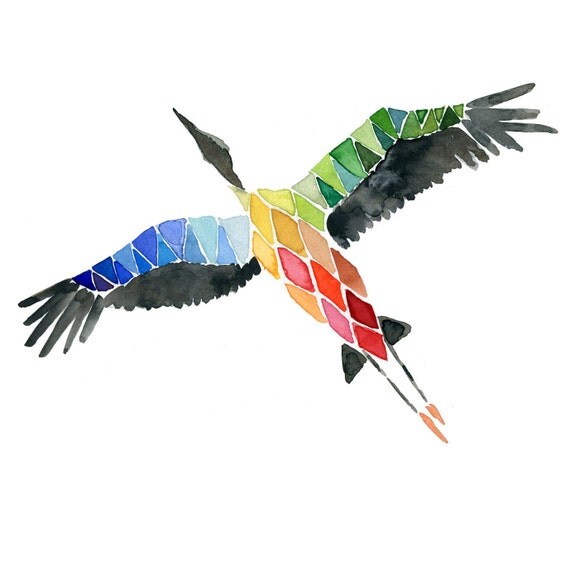 Flying home Abstract geometric Art Print of stork migration, print of watercolor painting, triangles colorful, A3 art print, bold