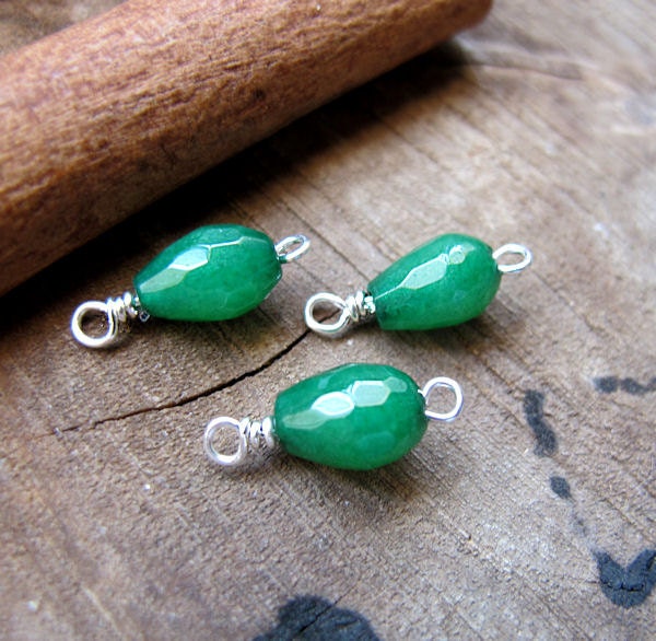 3 Green Jade Drops Dangles - Sterling Silver Faceted Gemstone Charms Dangles for Earrings, Necklaces
