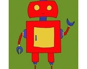 Children Giclee Art Print, Susie The Robot 5x7 Picture, Red With Green Background, Digitally Colored