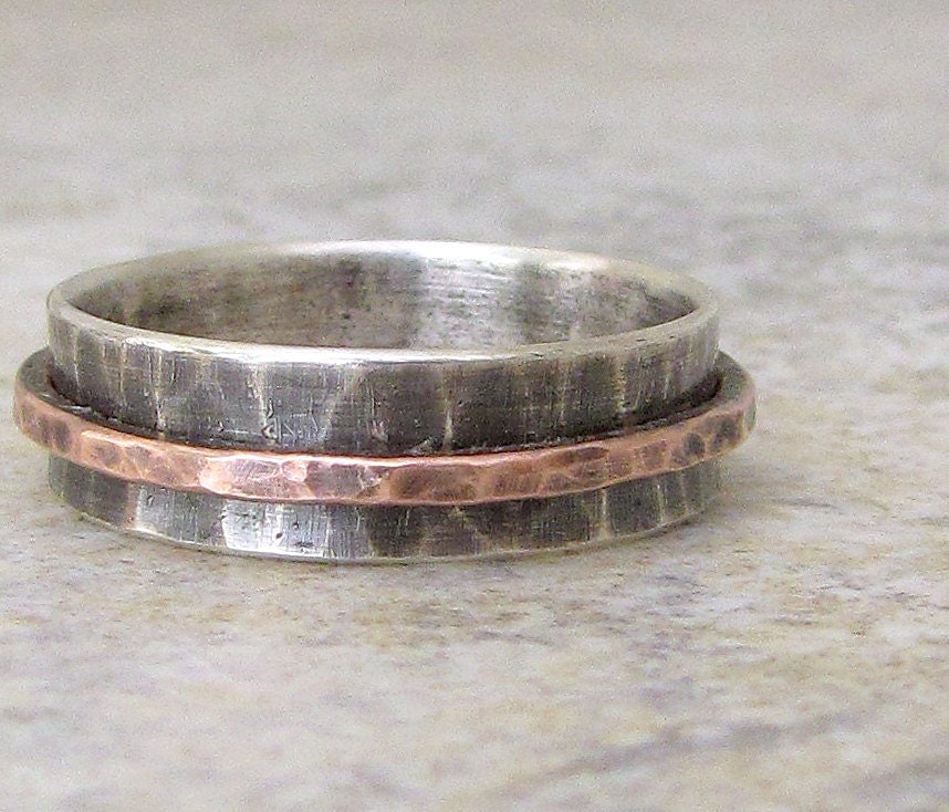 Mens Wedding Ring Hammered Silver Band Oxidized Copper Spinner Rustic Band
