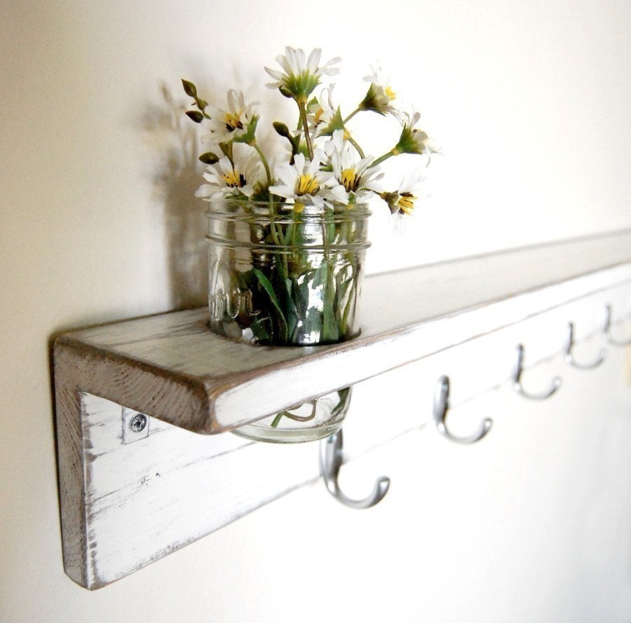 White wall shelf Furniture cottage style rustic coat hanger organizer hooks Cottage White
