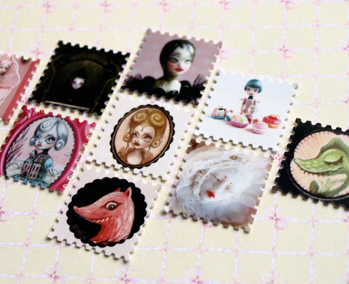 Art sticker set 5, cute stamp stickers / seals, for scrapbooking, collage n decoration, art by KarolinFelix