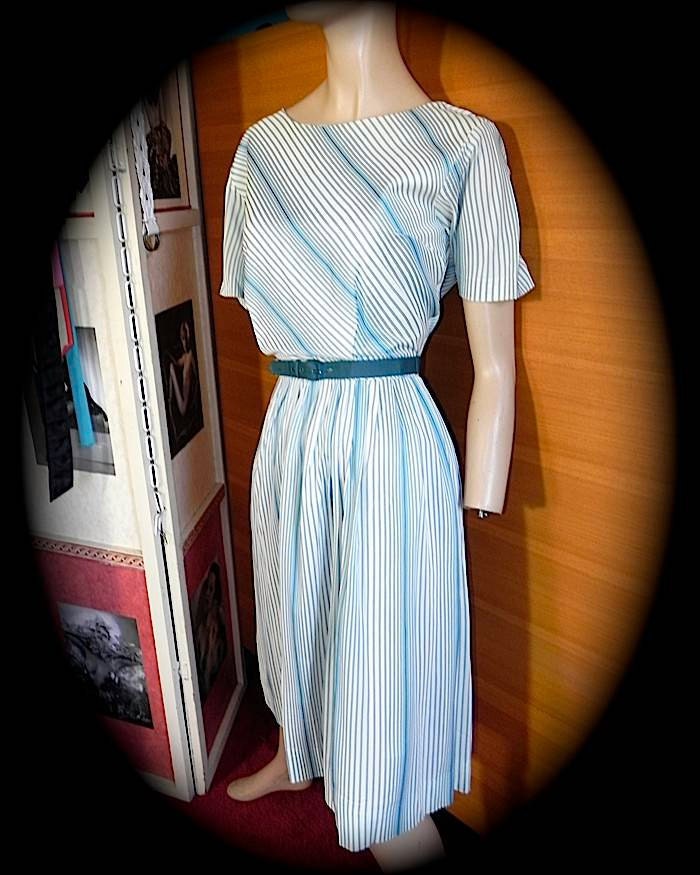 Teal Stripe Vintage 50s 60s Dead Stock Rockabilly Dress M -on sale-
