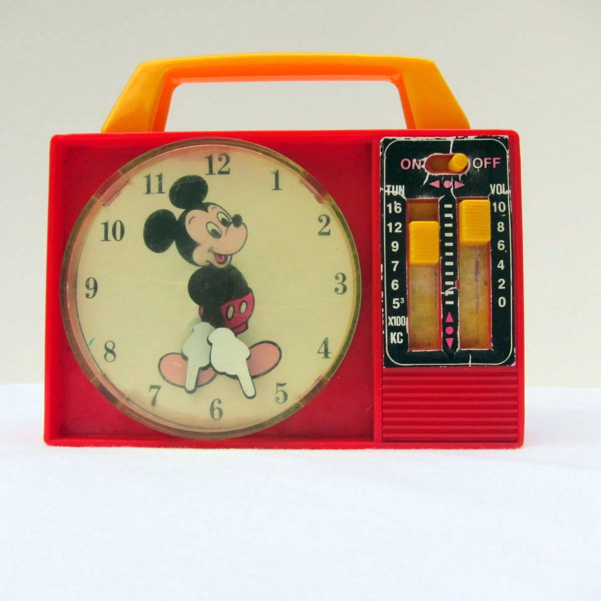Vintage Toy Mickey Mouse Clock Radio 1960s Red Yellow Clock With Hands