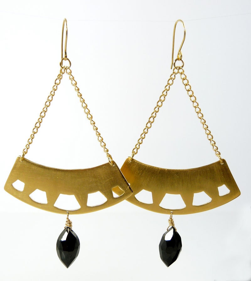 Gold statement earrings, aztec earrings, boho dangle earrings, gold tribal earrings, black gemstone, exotic jewelry