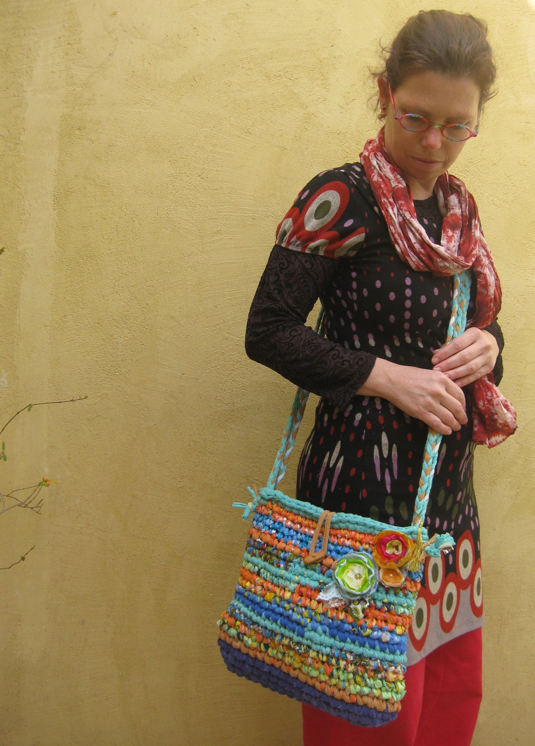 Fabric crocheted purse with long straps  Eco friendly --- Made to Order