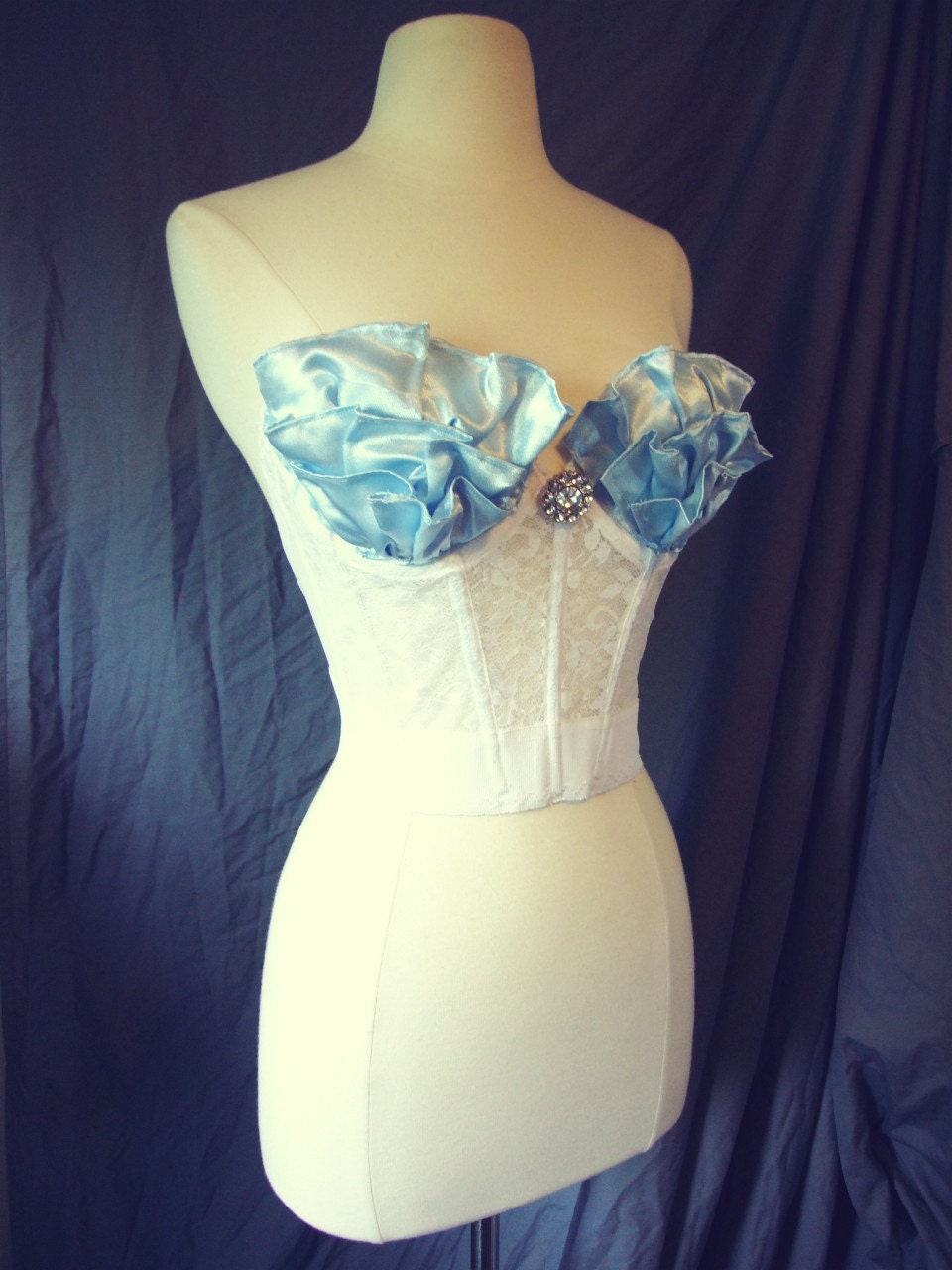 Tea Party Blue Ruffled Lace Bustier Top with Rhinestone Brooch MADE TO ORDER