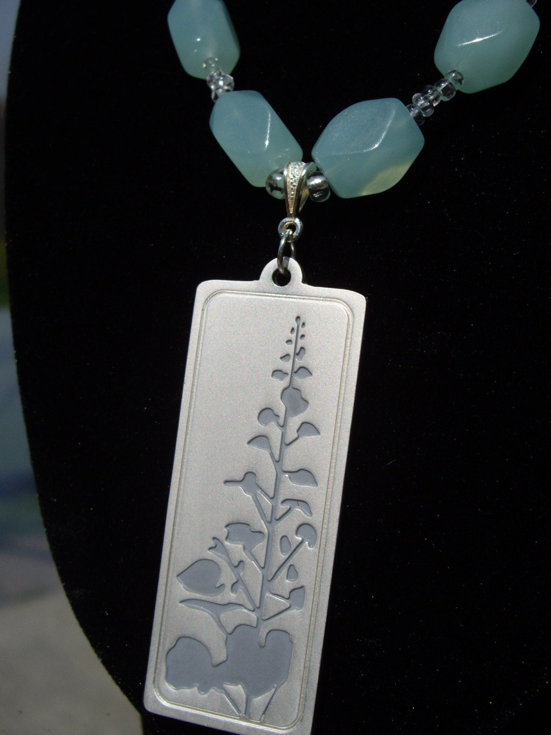 Turquoise Glass and Floral Pendant Necklace
