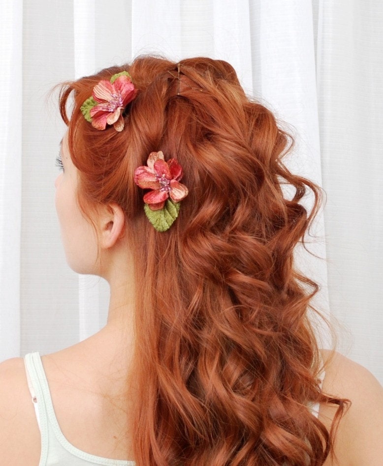 Pink velvet flower clips, bobby pin set, vintage floral pins, hair accessories - Bits of Romance