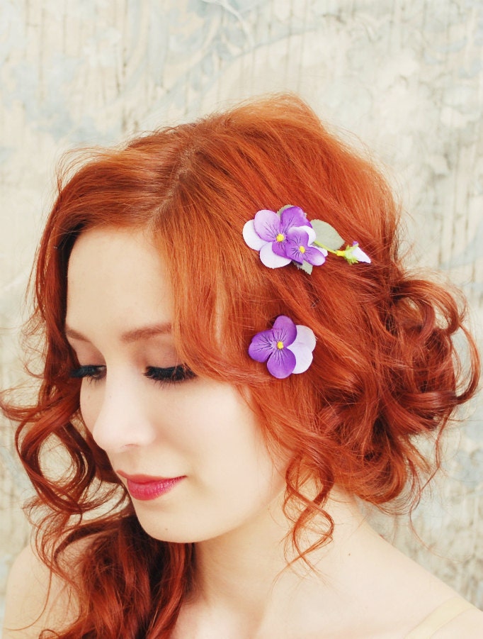 Purple flower clips, floral bobby pins, woodland hair pins, purple hair accessories - Pansy
