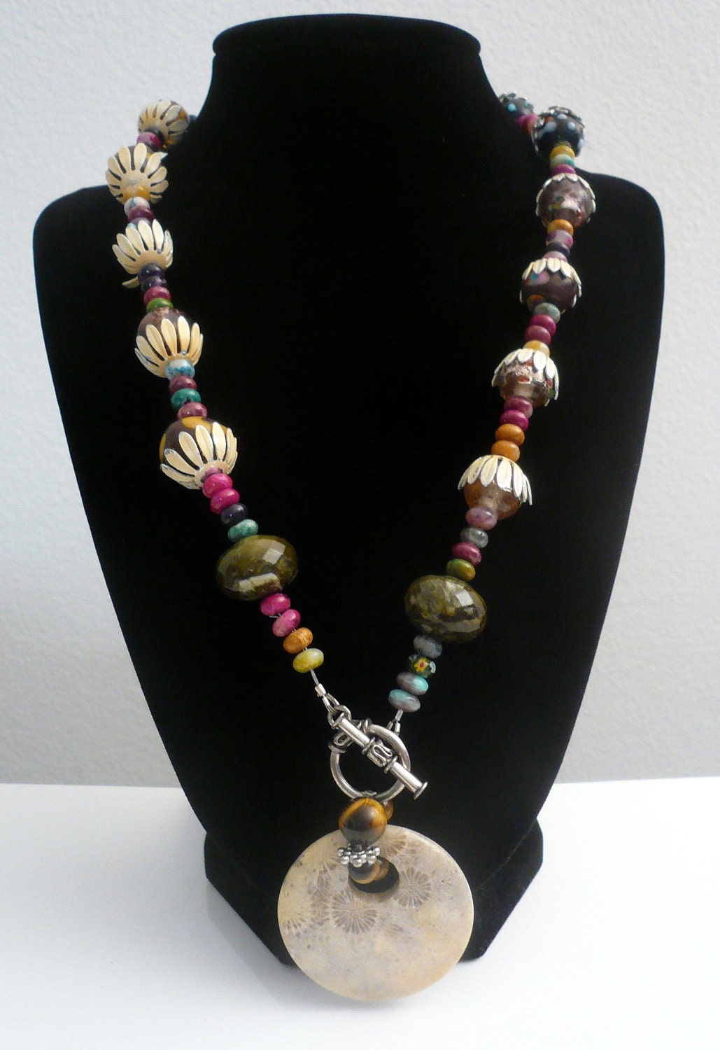 SALE...Vintage Stunning Multi Color Flower Fossil Coral Necklace