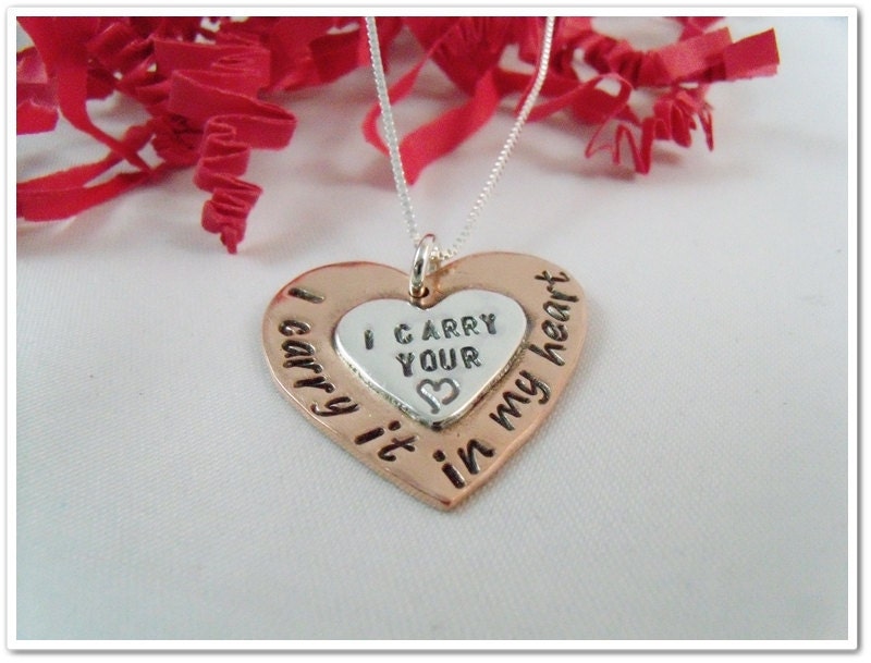 SALE -I Carry Your Heart I Carry It In My Heart - Hand Stamped Remembrance or Adoption Necklace - Mixed Metal