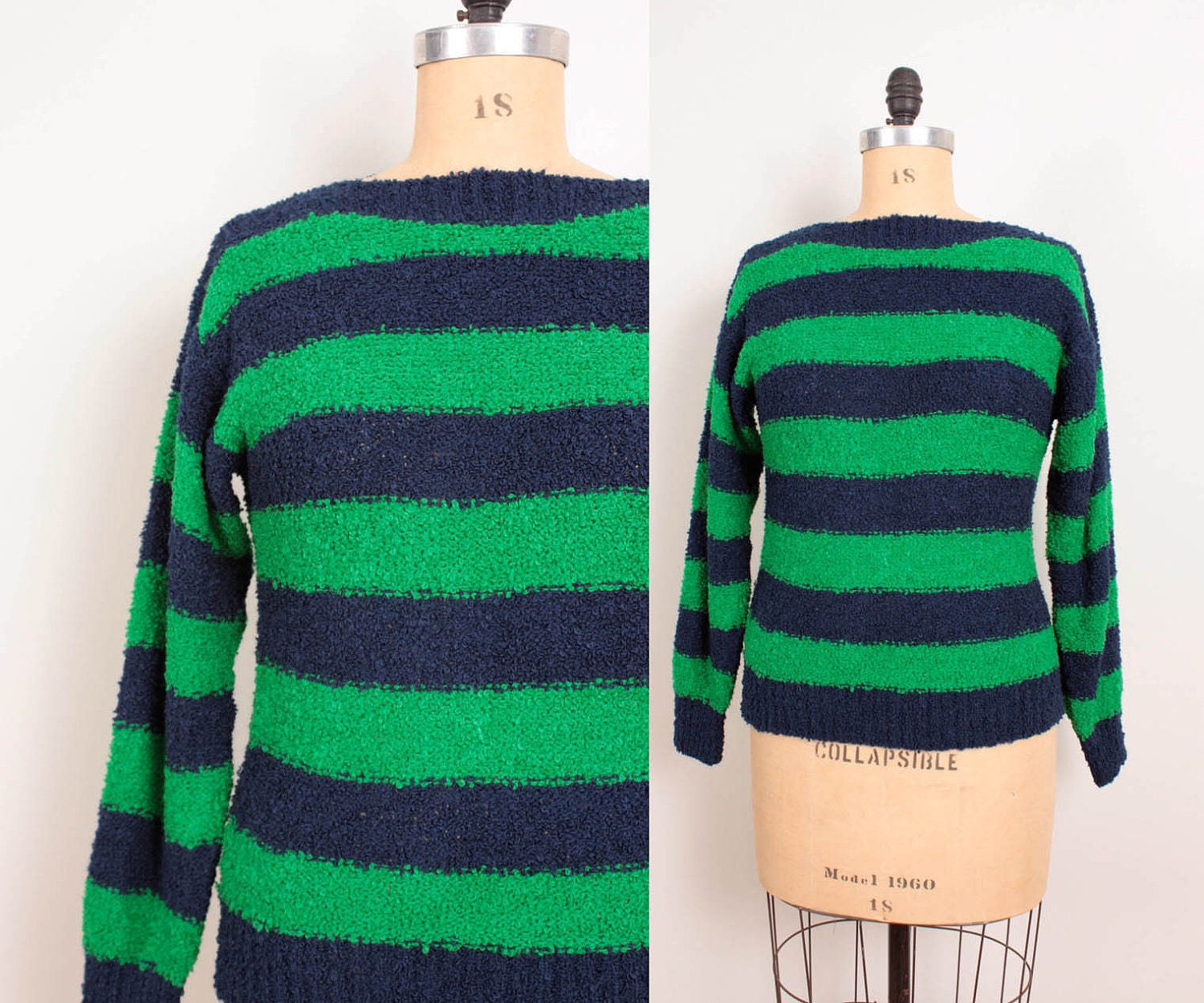 1980s Boatneck Sweater / Navy Blue & Green Sailor Stripes - Womens M / L - Nubby 80s Striped Bateau Pullover Jumper