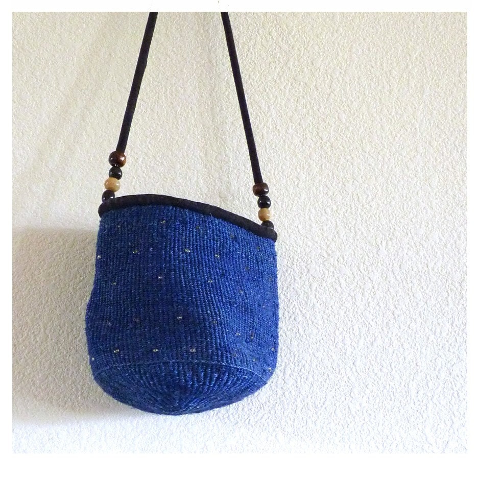 Vintage Jute Purse - Woven Shoulder, Across the Body, Bag, Ethic Tribal tote, Blue Royal, Blue Velvet Strap Jewel Beads in Weave Basket