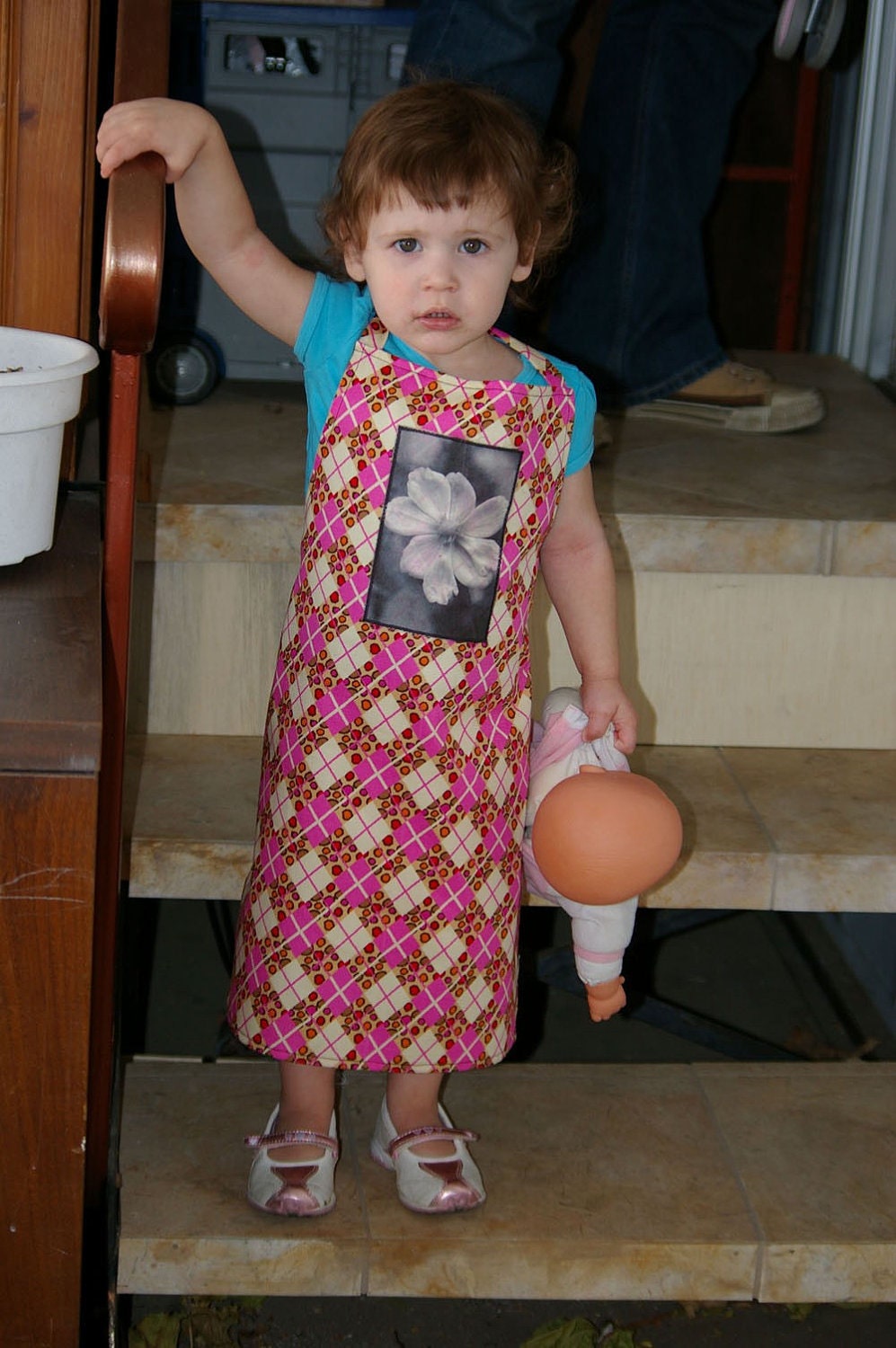 Child's Apron, Pink Cream Leopard Argyle One-of-a-Kind, Flower Photo